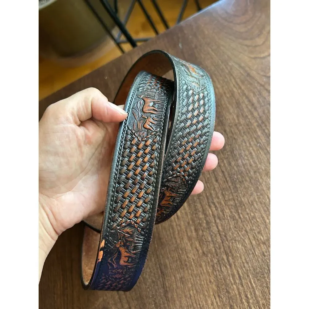 Vintage belt 42 hand tooled Western deer mountains brass buckle basket-weave